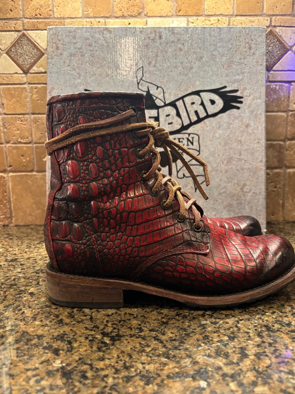 freebird Women's Red Croc-Embossed Leather Lace-Up Boots